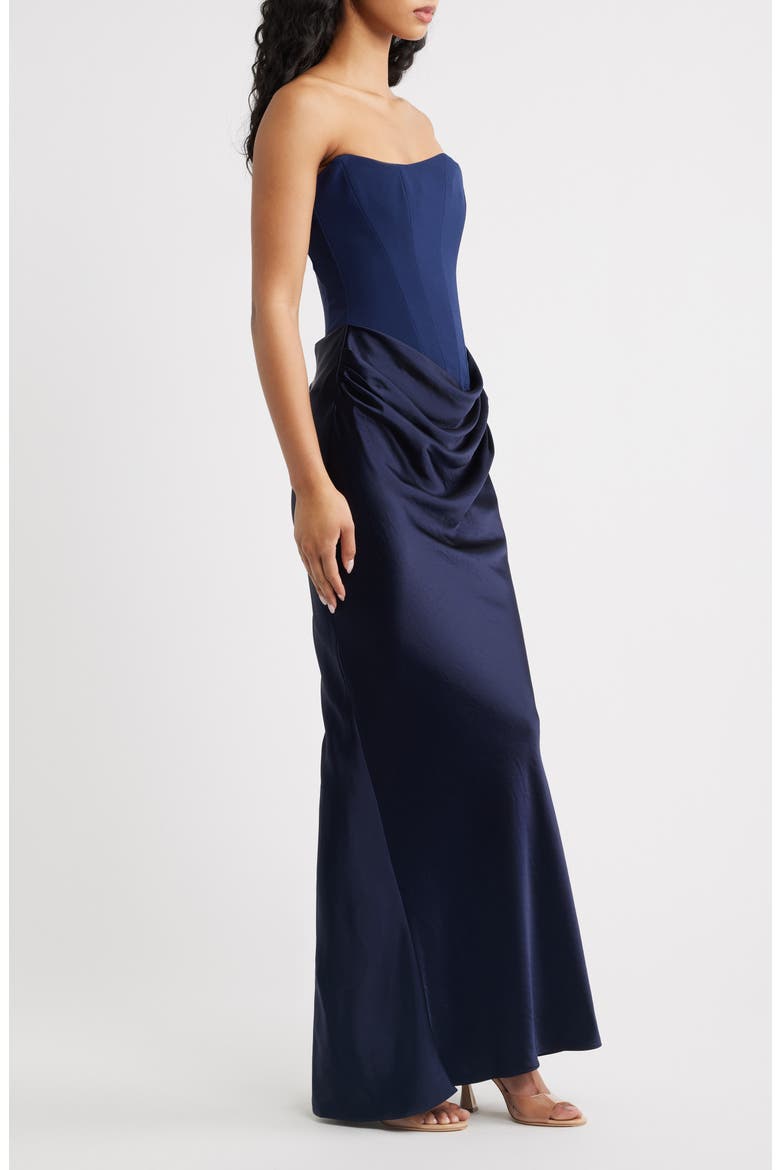 Persephone Strapless Corset Satin & Stretch Crepe Mermaid Gown, Alternate, color, NAVY