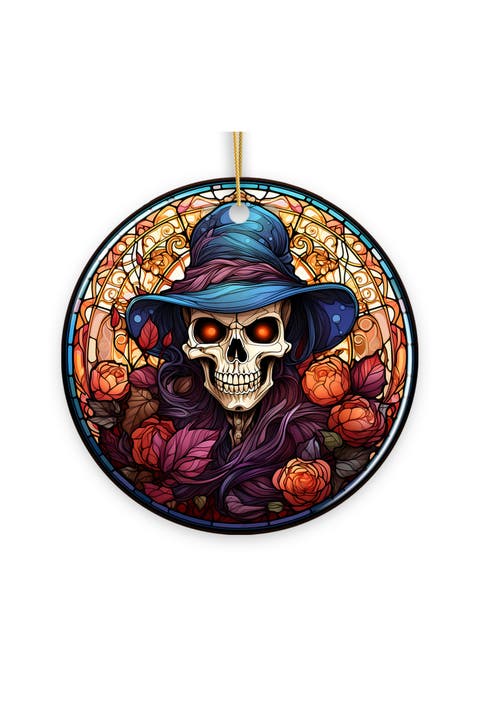 Skull In Blue Hat Stained Glass Style Ceramic Ornament
