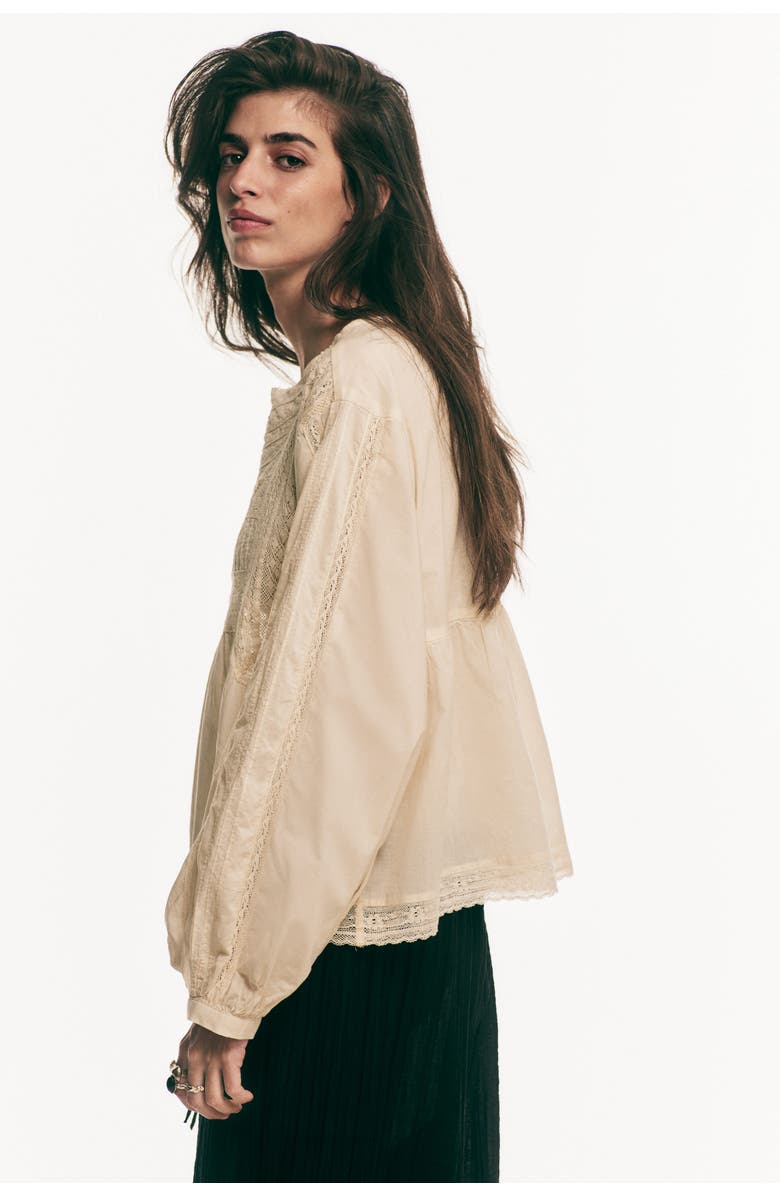 H&M Lace-inset Cotton Blouse, Alternate, color, Light Beige