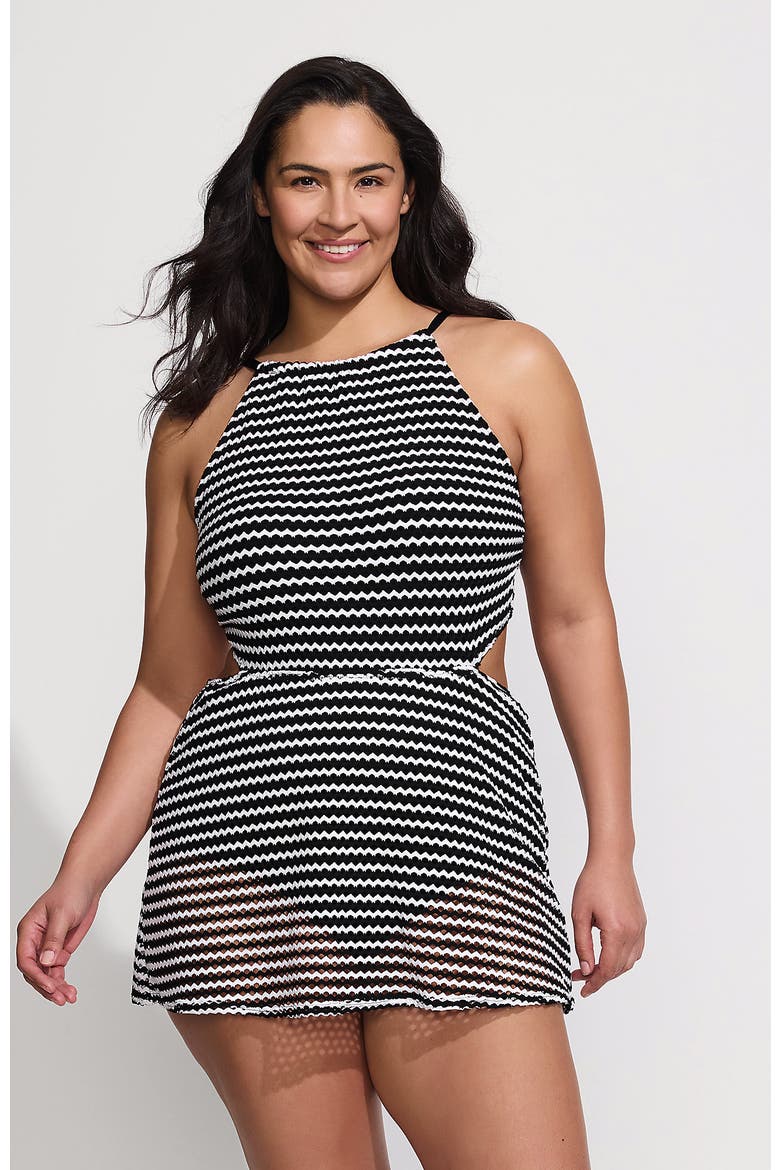 Crochet Monokini Swim Dress Swimsuit, Main, color, Black/White