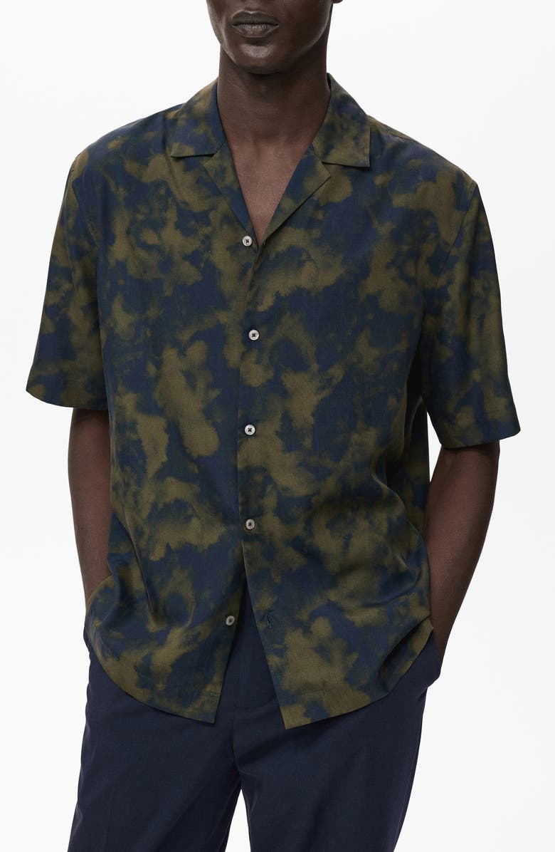 MANGO Fluid Print Camp Shirt, Main, color, Olive Green