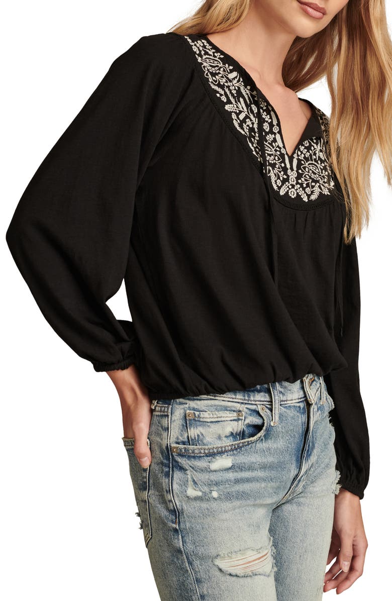 Lucky Brand Embroidered Cotton Peasant Top, Alternate, color, Caviar