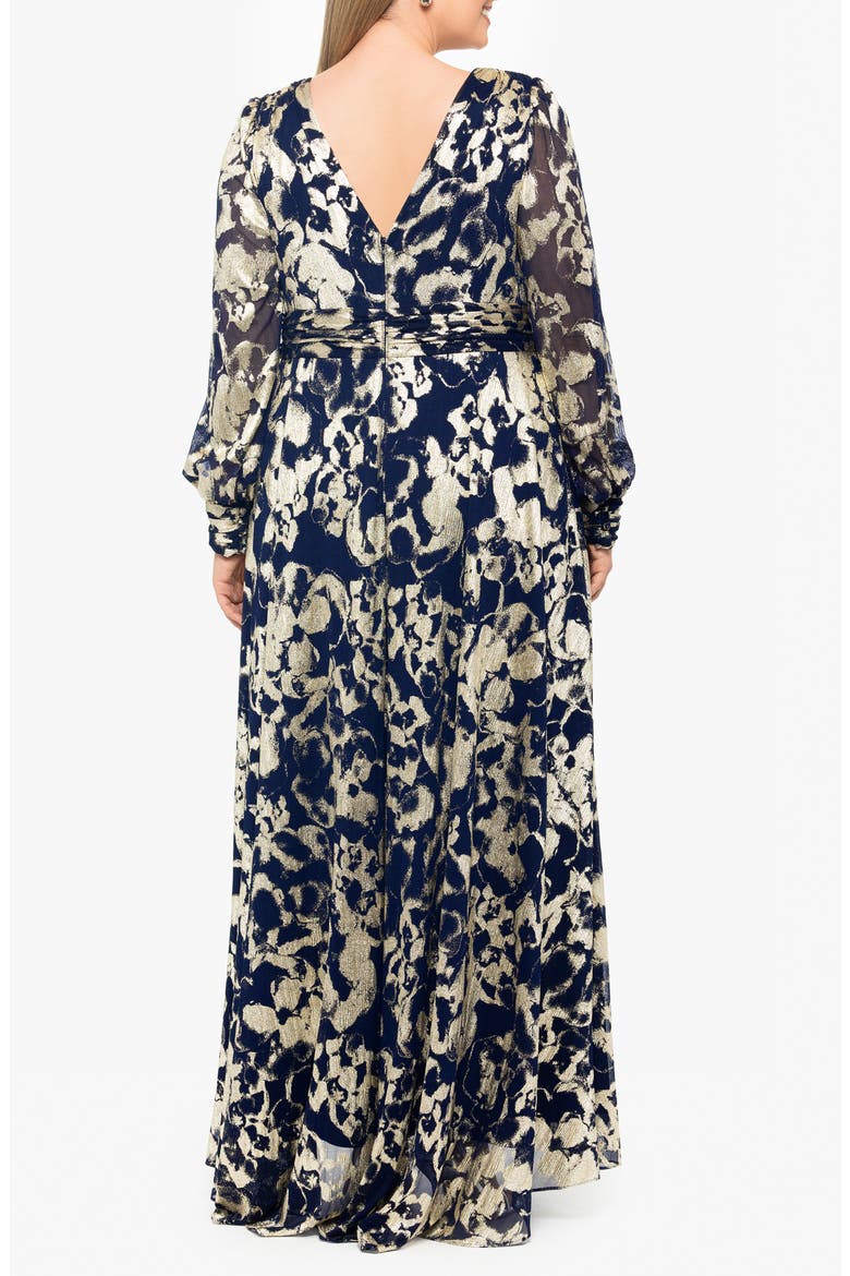 Long Sleeve Foil Print A-Line Gown, Alternate, color, NAVY/ GOLD