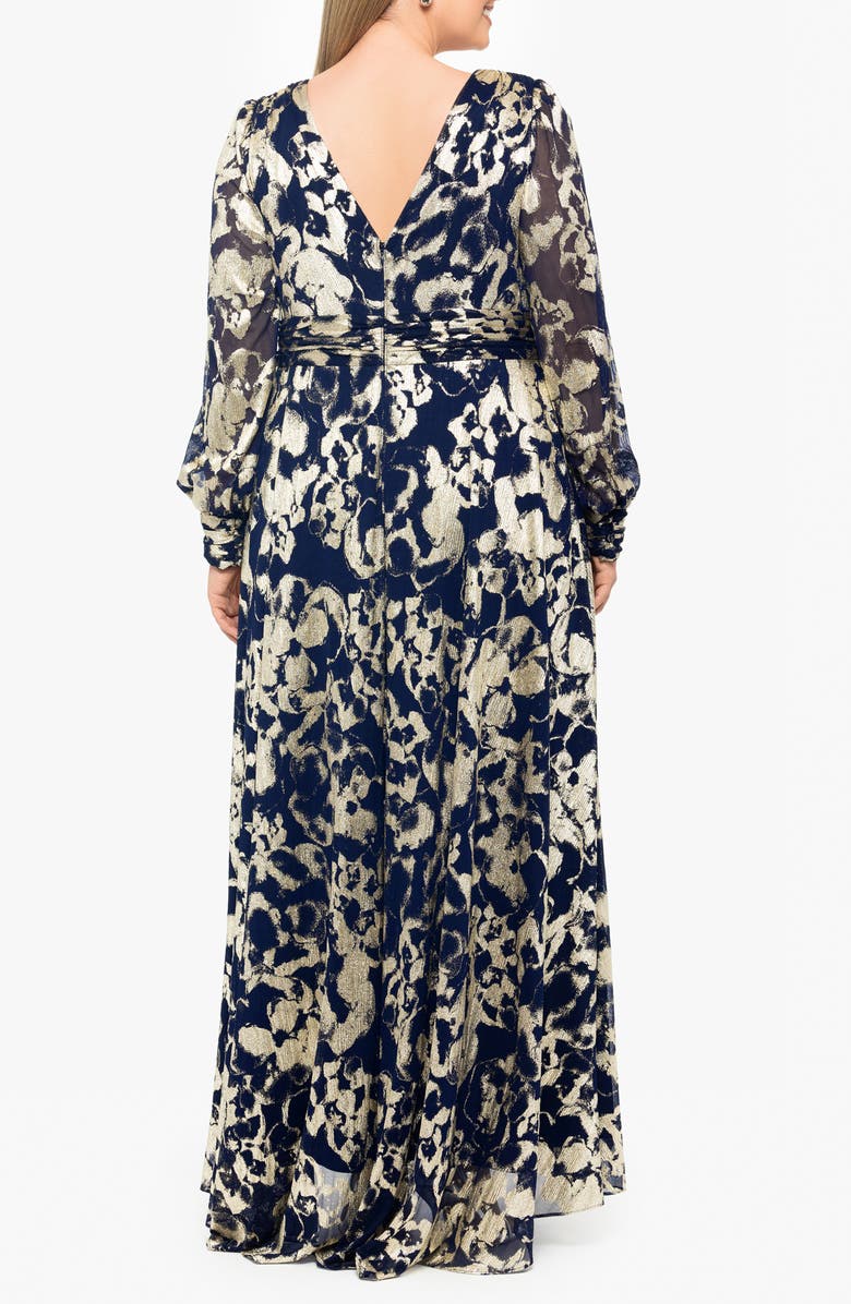 Betsy & Adam Long Sleeve Foil Print A-Line Gown, Alternate, color, Navy/ Gold