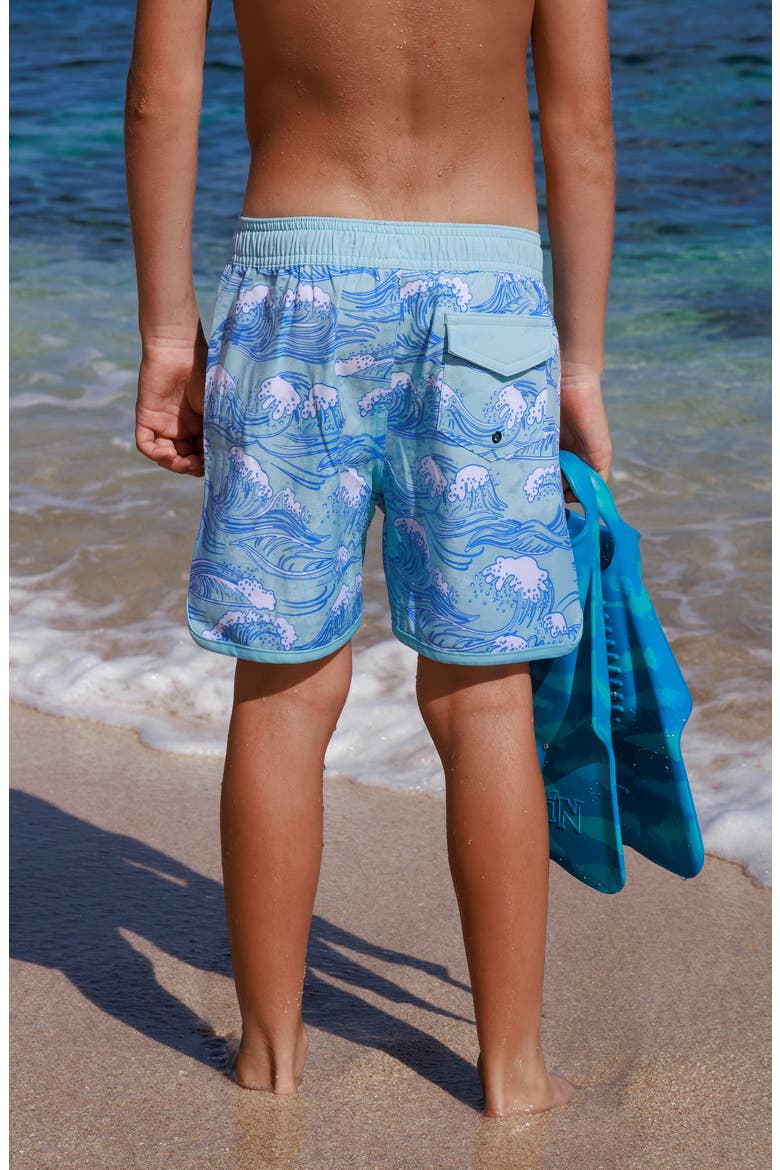 Kids' Wave Print Scallop Board Shorts, Alternate, color, CANAL BLUE