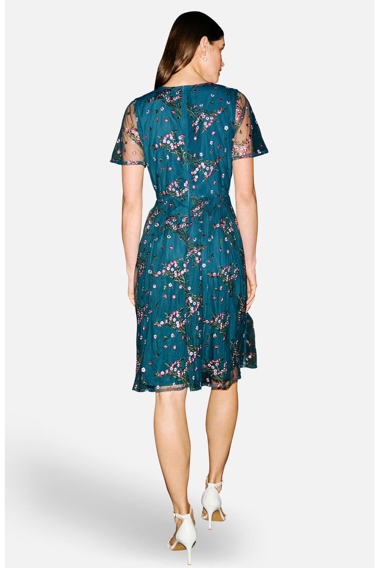 Embroidered Floral Mesh Fit-Flare Dress, Alternate, color, Teal