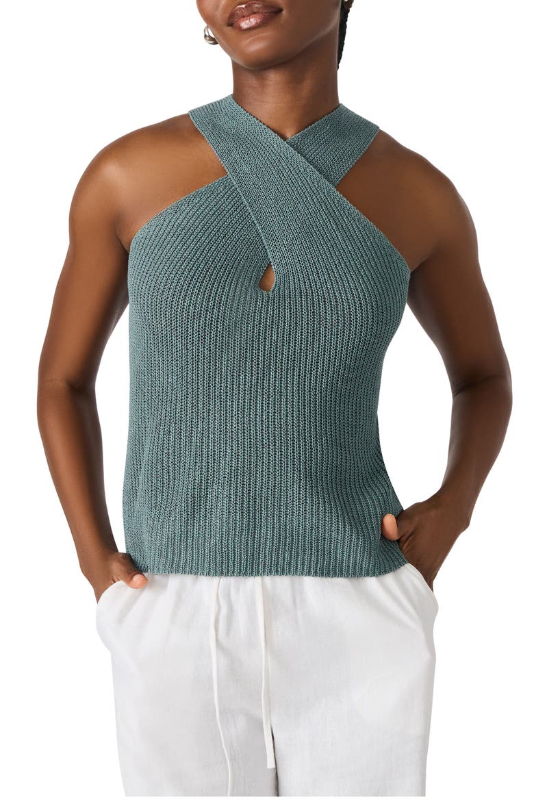 Ellery Crossover Neck Sleeveless Sweater, Main, color, DUSTY TEAL