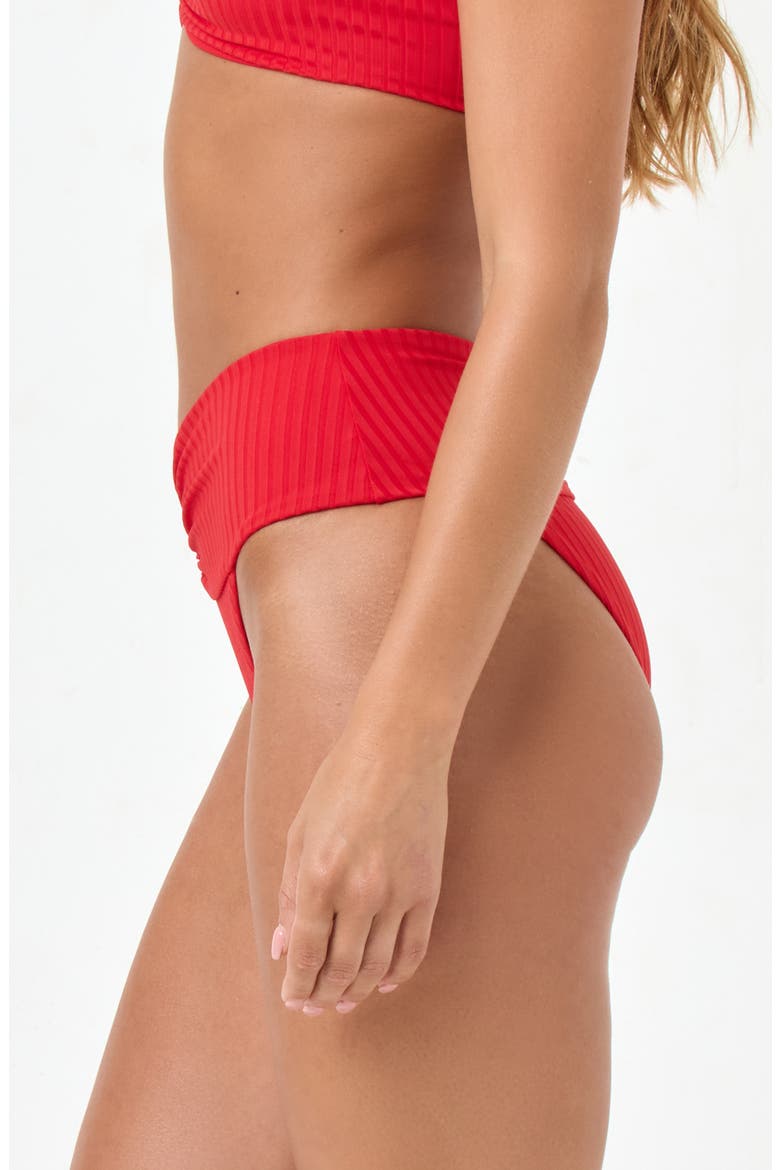 Bardot Ruched Rib Bikini Bottoms, Alternate, color, FLAME