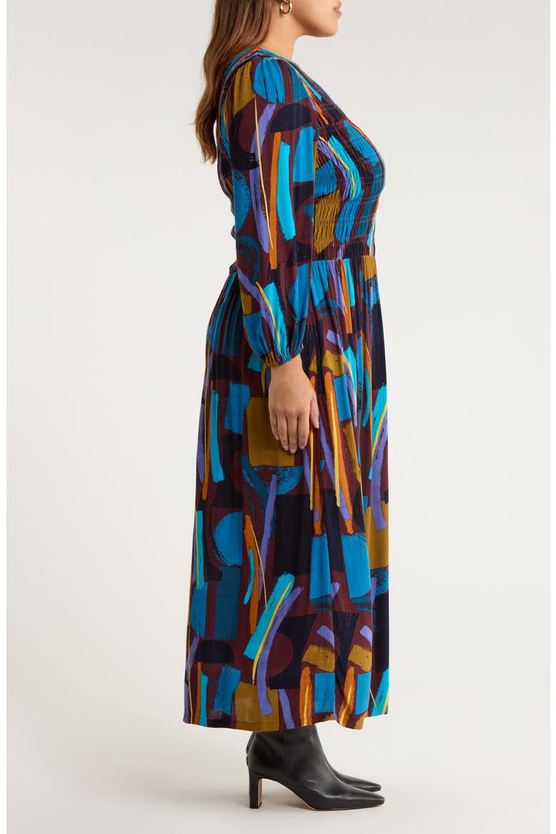 Meadowsweet Printed Smocked Midi Dress, Alternate, color, ZENNOR STACK DARK RYE