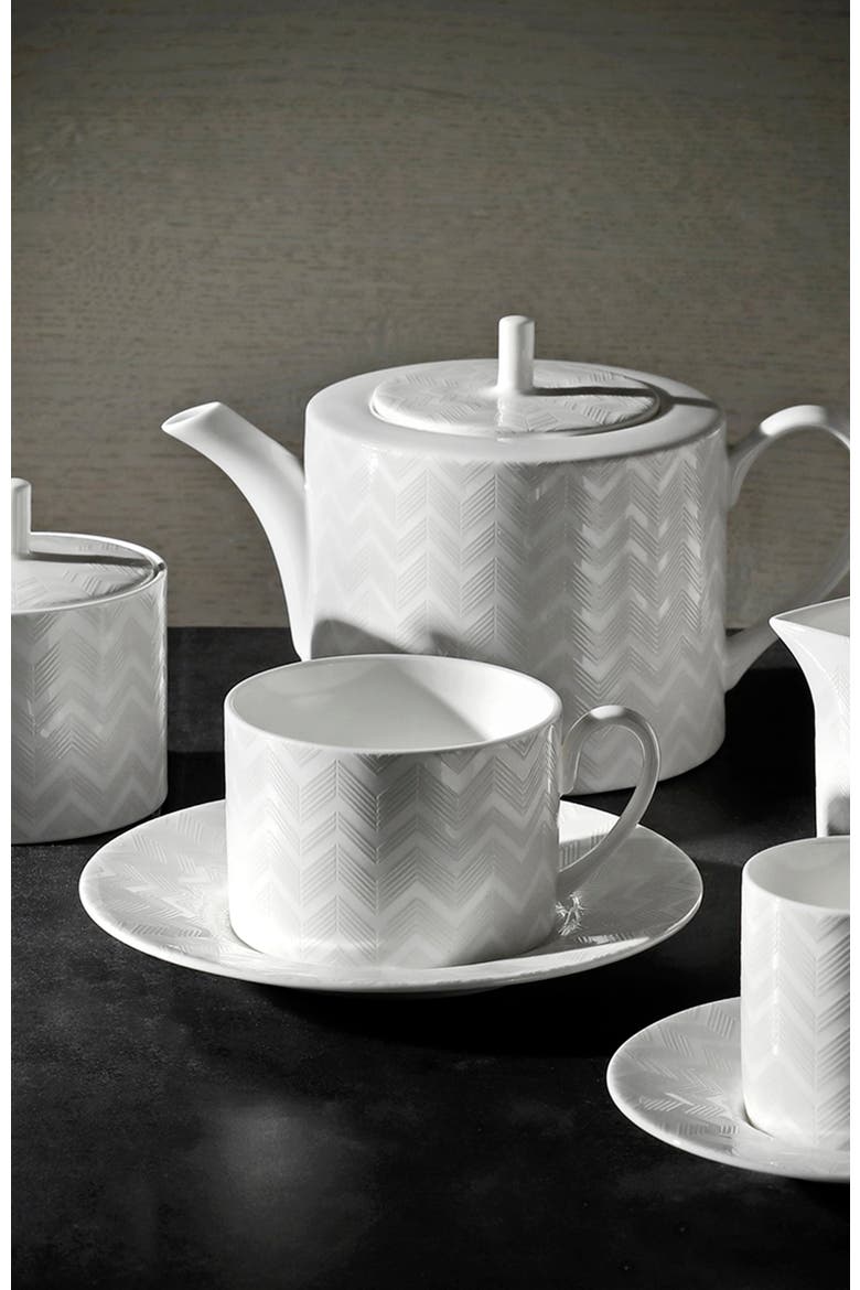 Tea Cup & Saucer ZIG ZAG Set of 2 in Luxury Box White diam. 3.3", H 2.3", cap. 7.5 oz, Saucer diam. 6", Alternate, color, White