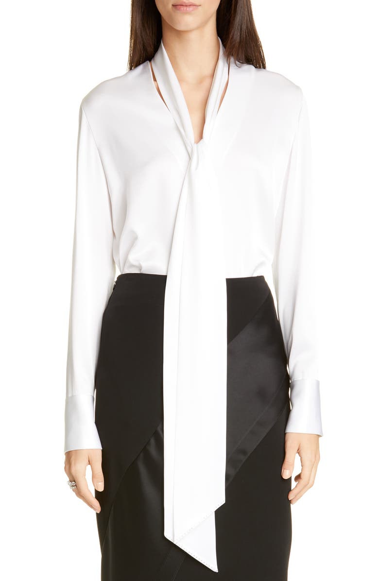 St. John Evening Tie Neck Liquid Satin Blouse, Main, color,