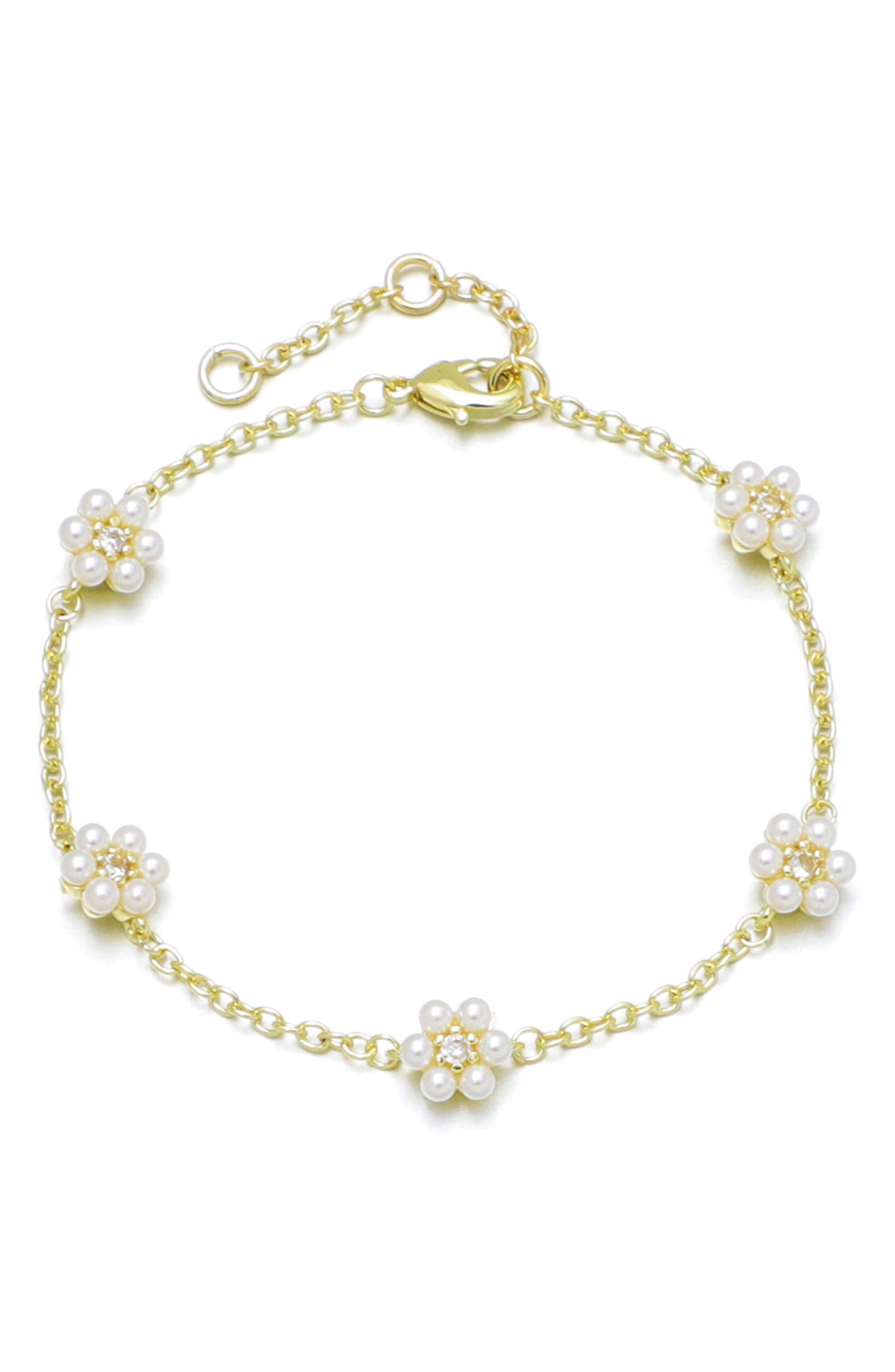 Adornia 14K Gold Plated Faux Pearl & Crystal Flower Station Bracelet
