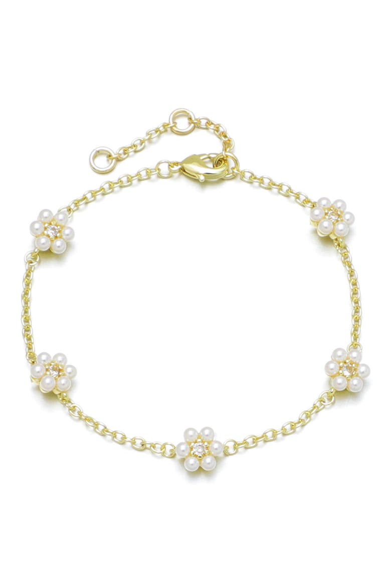 14K Gold Plated Faux Pearl & Crystal Flower Station Bracelet, Main, color, GOLD/ WHITE