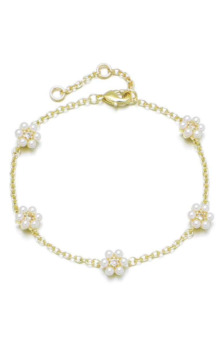 Adornia 14K Gold Plated Faux Pearl & Crystal Flower Station Bracelet, Main, color, Gold/ White