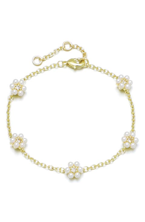 14K Gold Plated Faux Pearl & Crystal Flower Station Bracelet