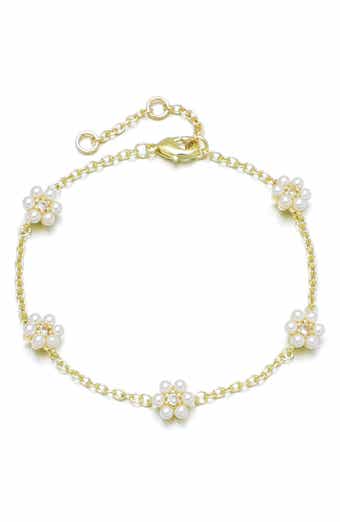 14K Gold Plated Faux Pearl & Crystal Flower Station Bracelet