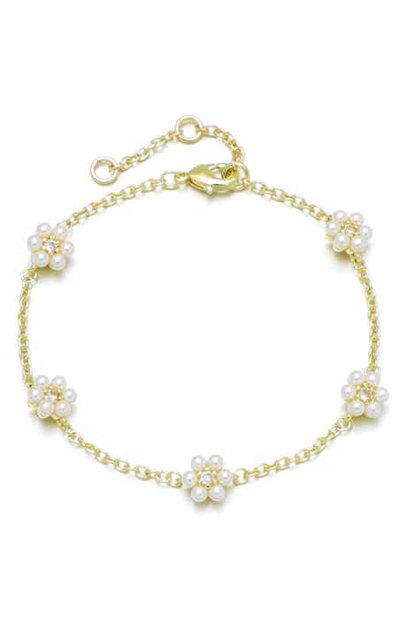Adornia 14K Gold Plated Faux Pearl & Crystal Flower Station Bracelet