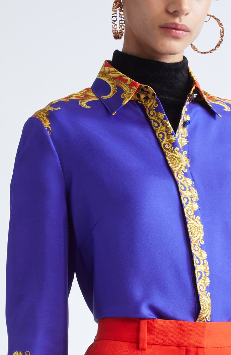 Versace Formal Cheetah Barocco Print Silk Button-Up Shirt, Alternate, color, Ultramarine Scarlet