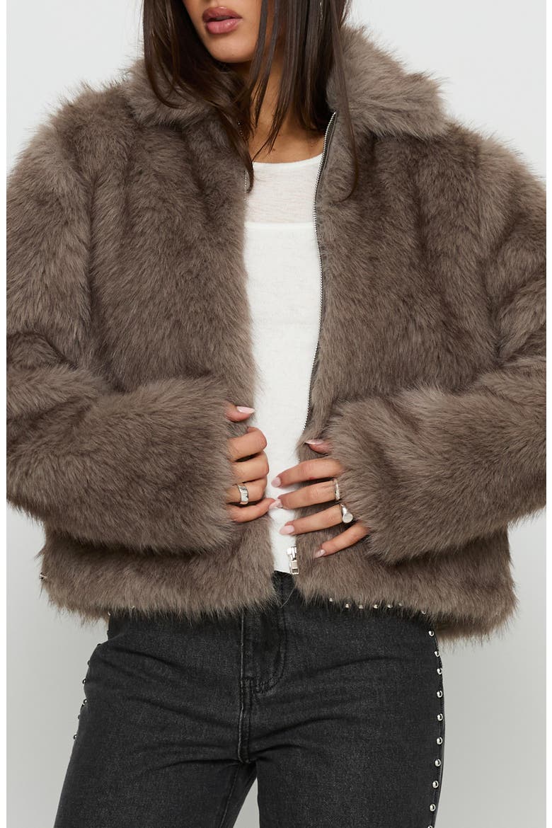 Kimberli Faux Fur Zip Jacket, Main, color, BROWN