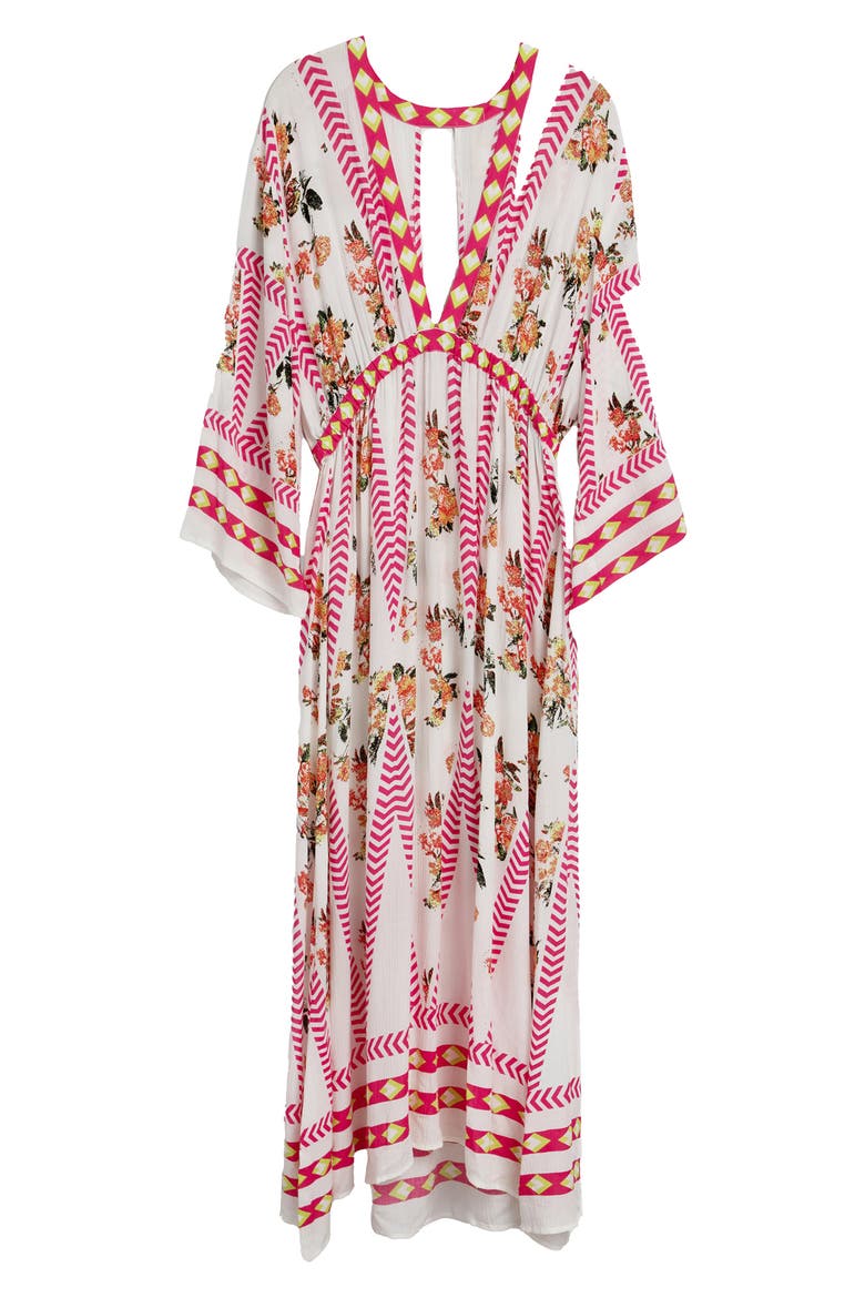 Floral Print Plunge Neck Cover-Up Kaftan, Alternate, color, WHITE COMBO