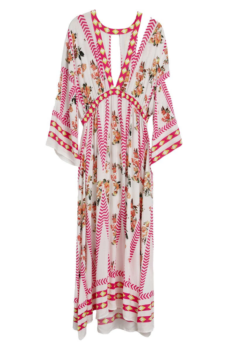SAACHI Floral Print Plunge Neck Cover-Up Kaftan, Alternate, color, White Combo
