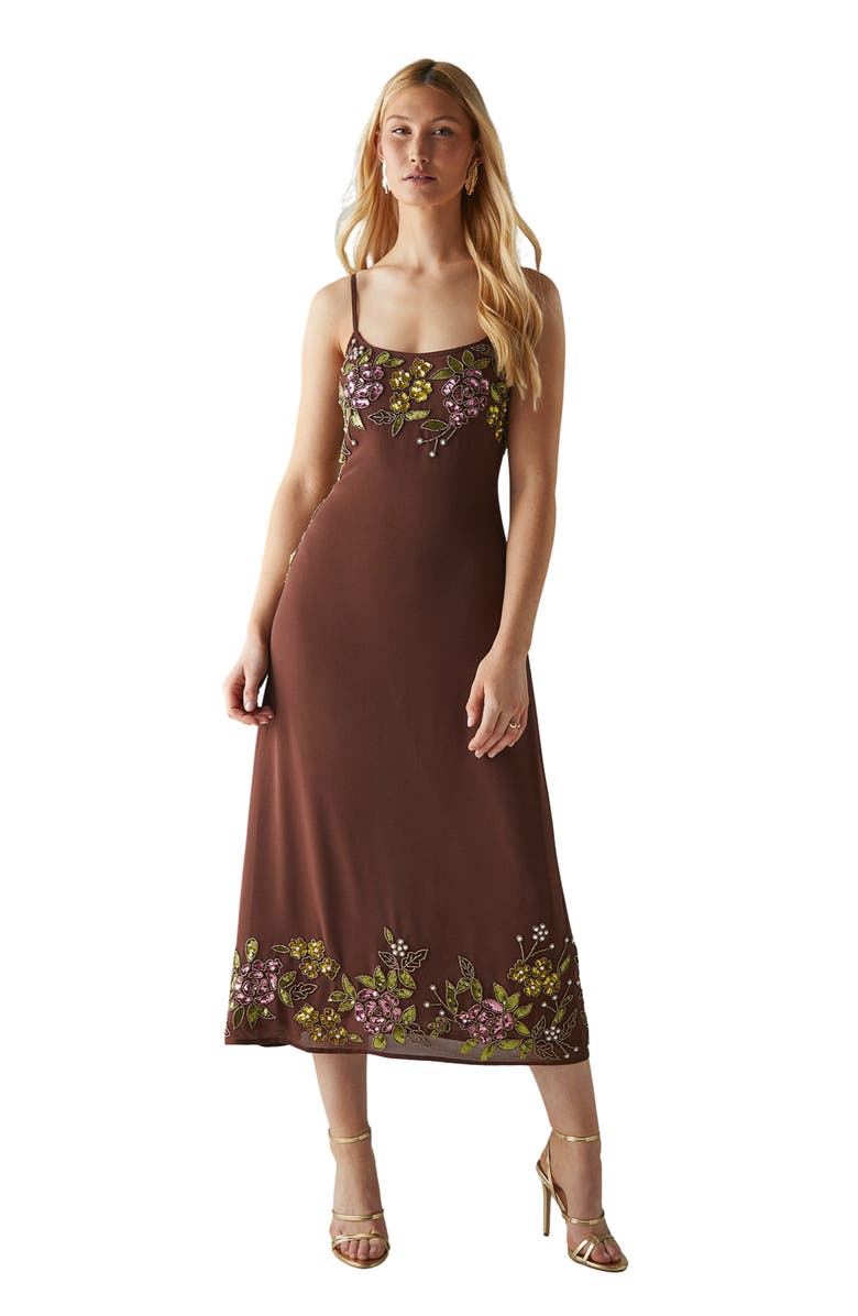 Warehouse Embellished Strappy Sequin Midi Dress, Main, color, Chocolate