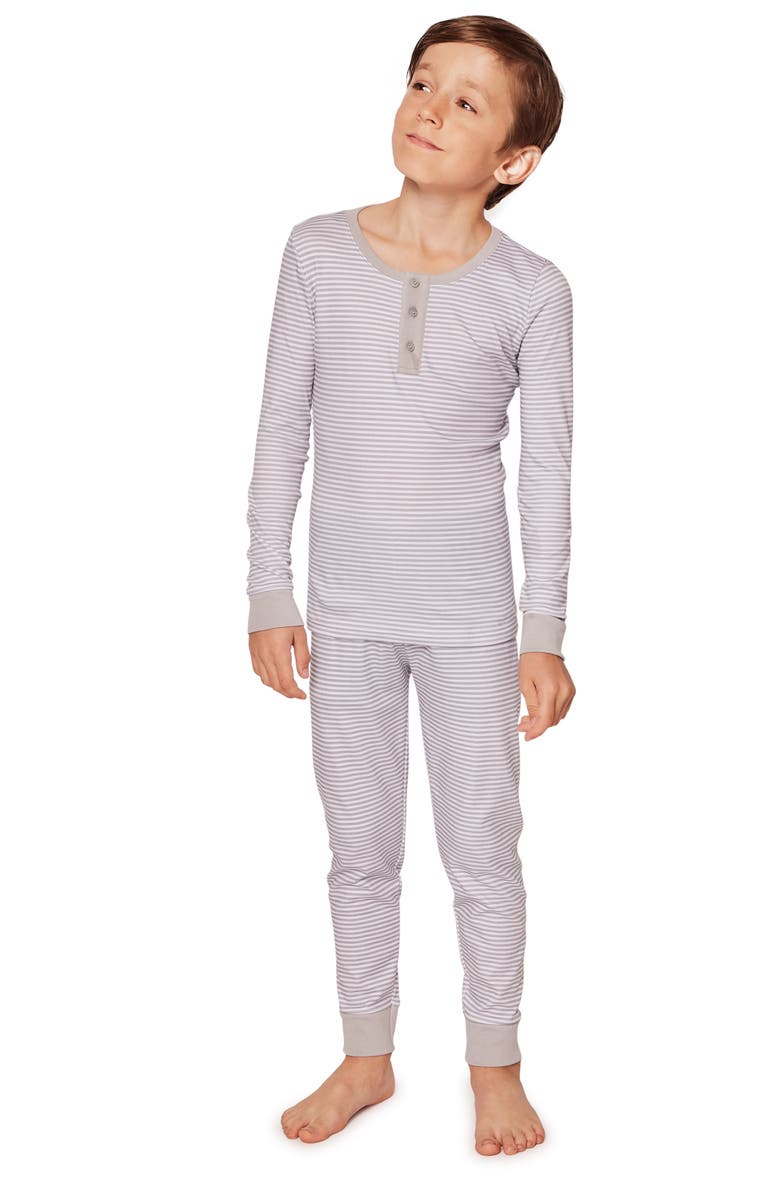 Petite Plume Kids' Stripe Fitted Two-Piece Pima Cotton Pajamas, Alternate, color, Grey