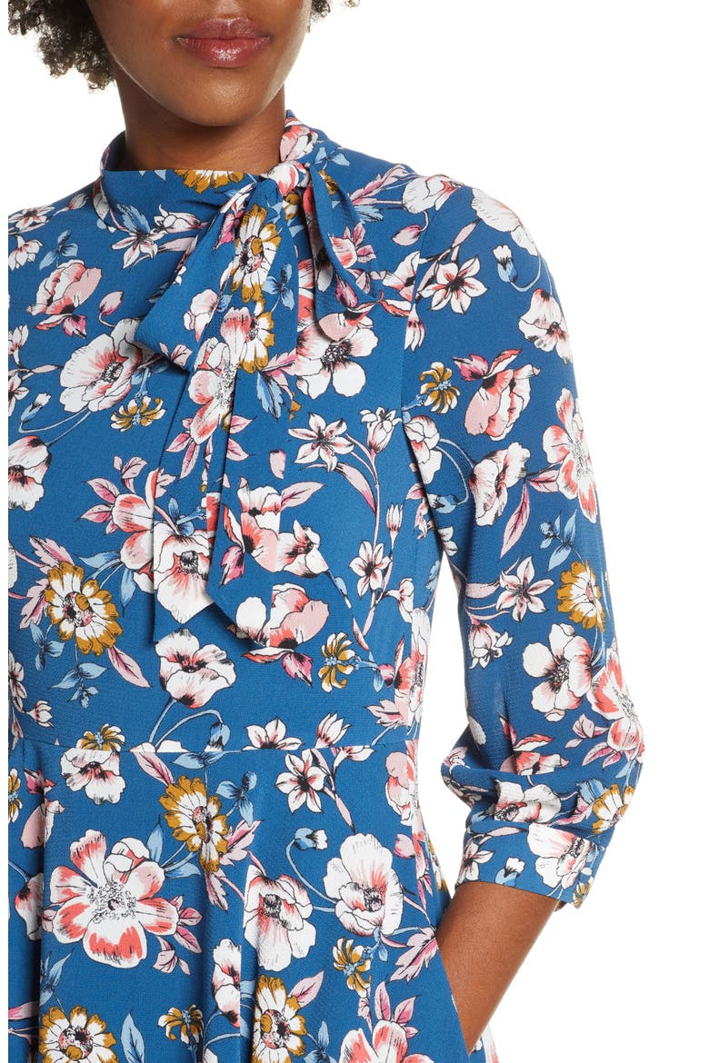 Floral Tie Neck Fit & Flare Dress, Alternate, color, TEAL