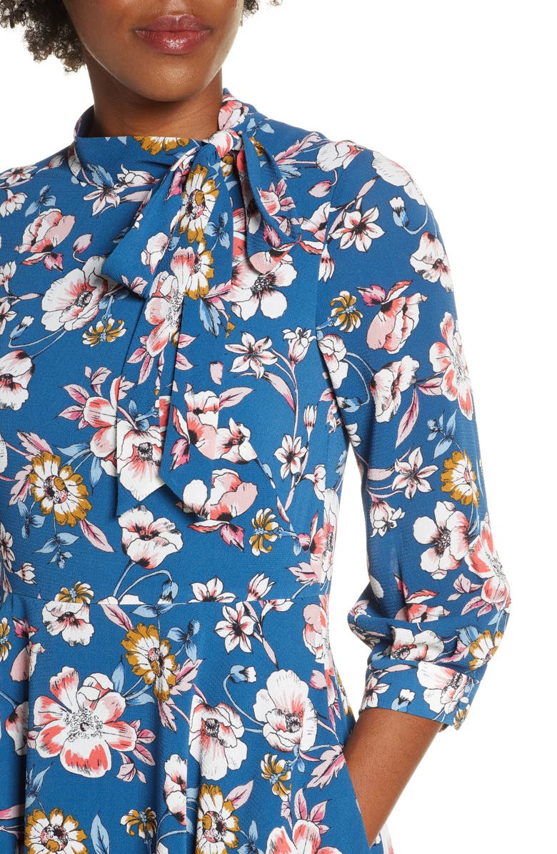 Eliza J Floral Tie Neck Fit & Flare Dress, Alternate, color, 