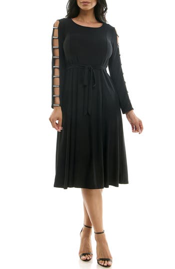 Nina Leonard Sylvia Rhinestone Long Sleeve Dress In Black