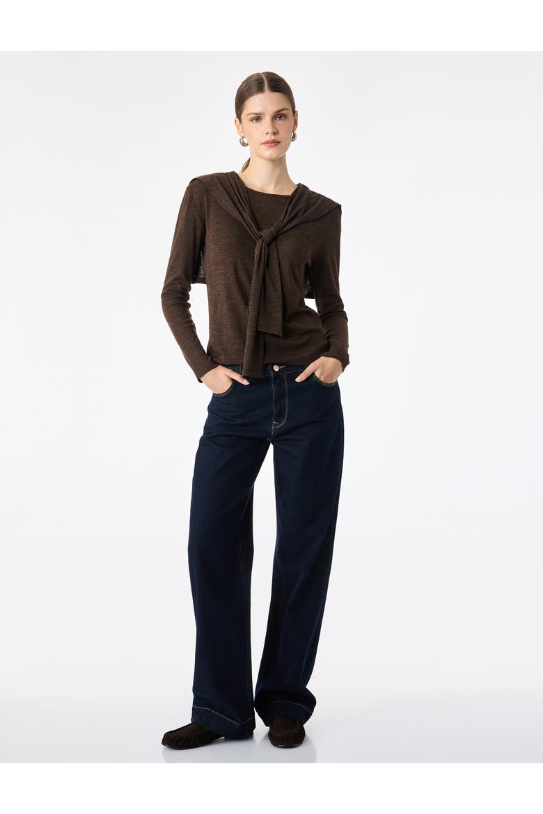 Long Sleeve Tie-Front Shawl Collar Top, Main, color, BROWN