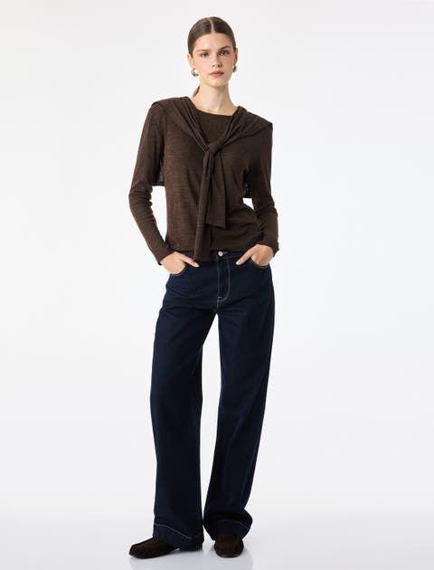 Long Sleeve Tie-Front Shawl Collar Top