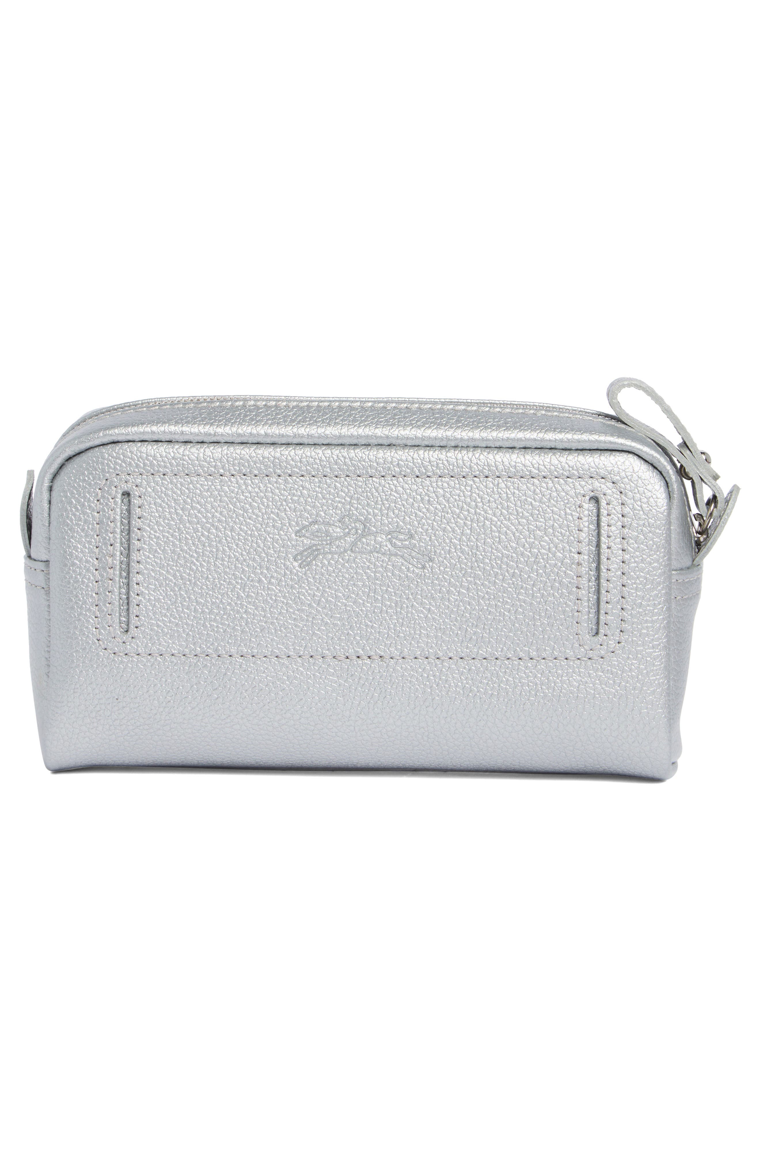 Longchamp Wide Cosmetic Case, Alternate, color, Silver