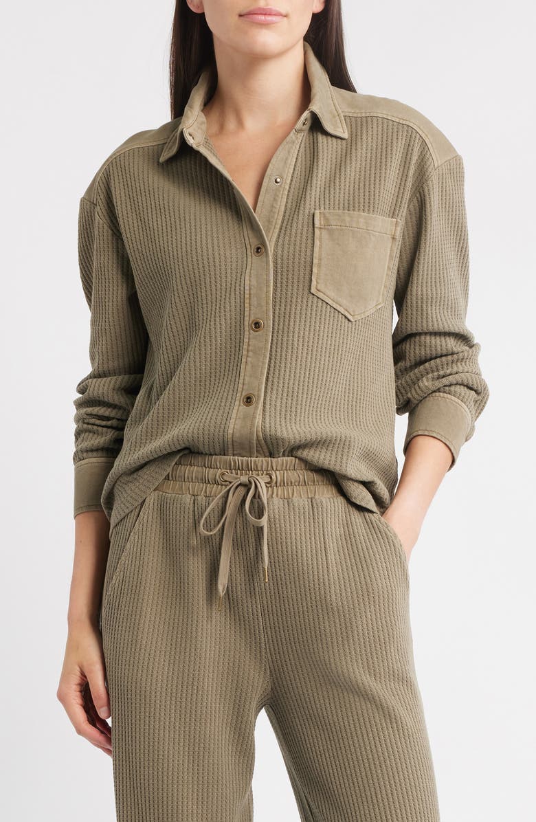 CITY BLUES Camden Thermal Mixed Media Snap-Up Shirt, Main, color, Light Olive