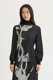 Ming Wang Mock Neck Floral Soft Ribbed Knit Top