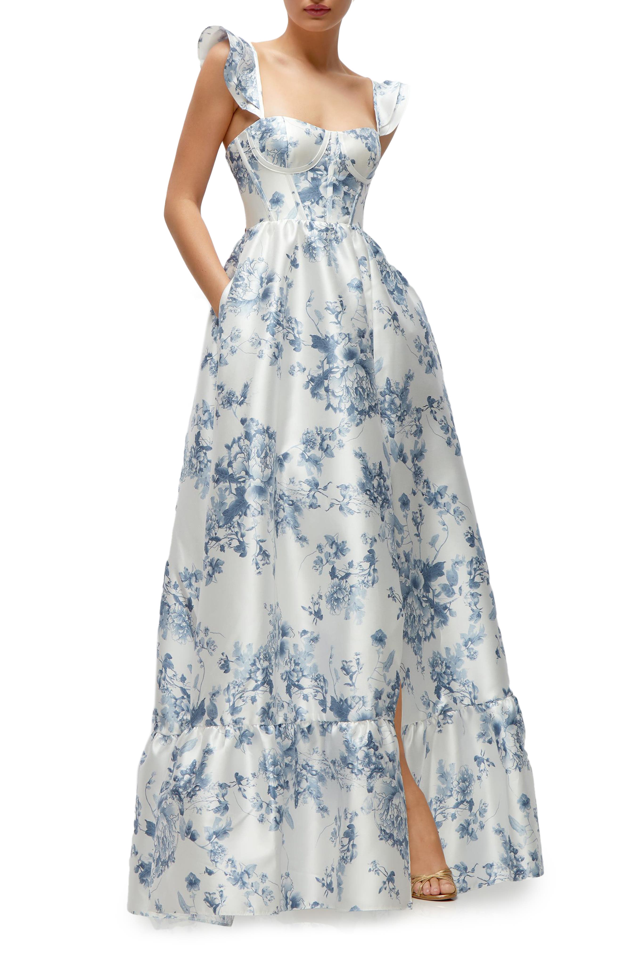 Dessy Collection Floral Corset Gown in Blue Cottage Rose 