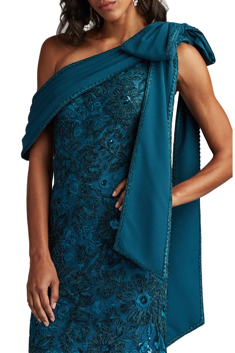 Beaded Floral One-Shoulder Gown, Alternate, color, CERULEAN
