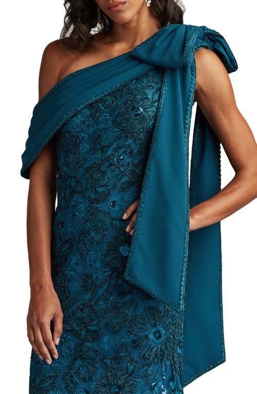 Tadashi Shoji Beaded Floral One-shoulder Gown In Blue