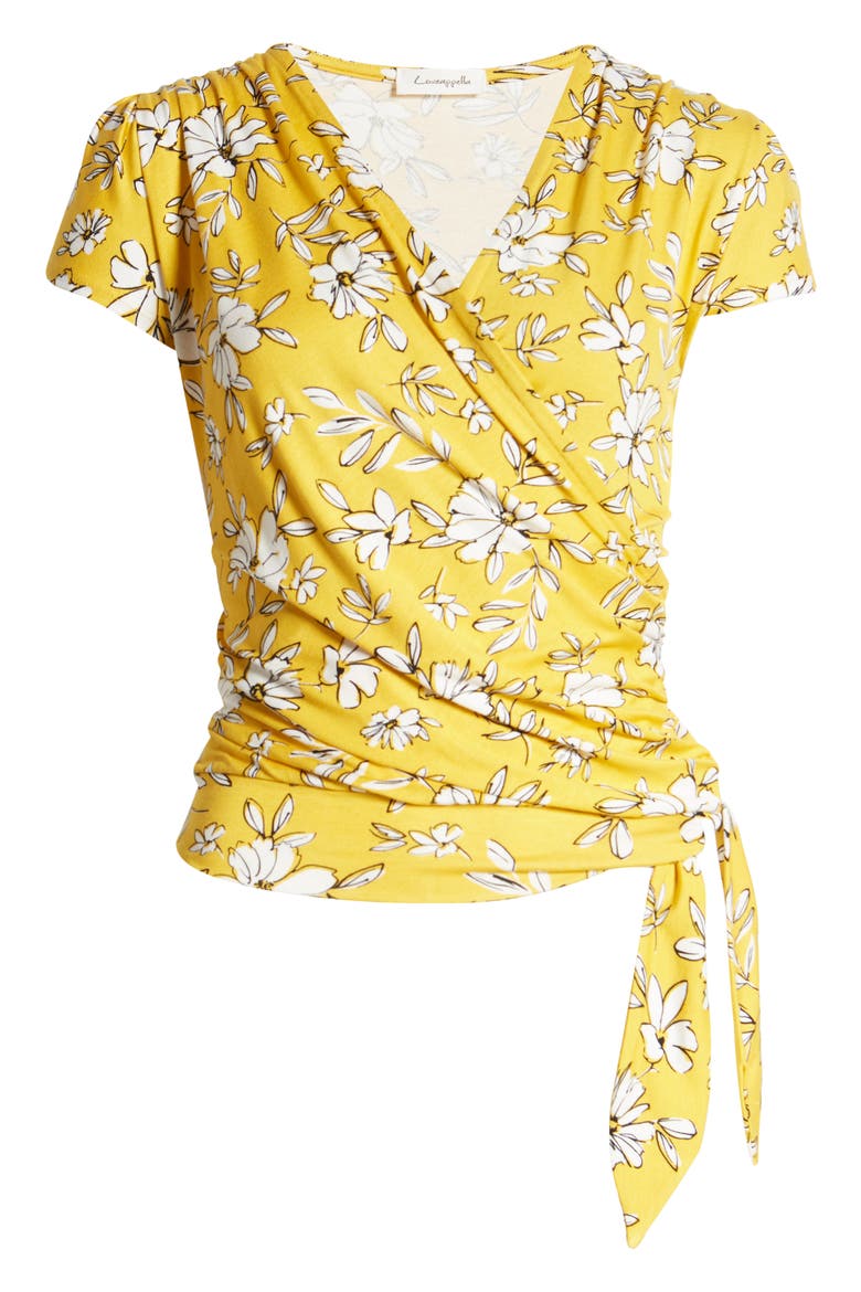 Floral Print Faux Wrap Top, Alternate, color, SUNFLOWER