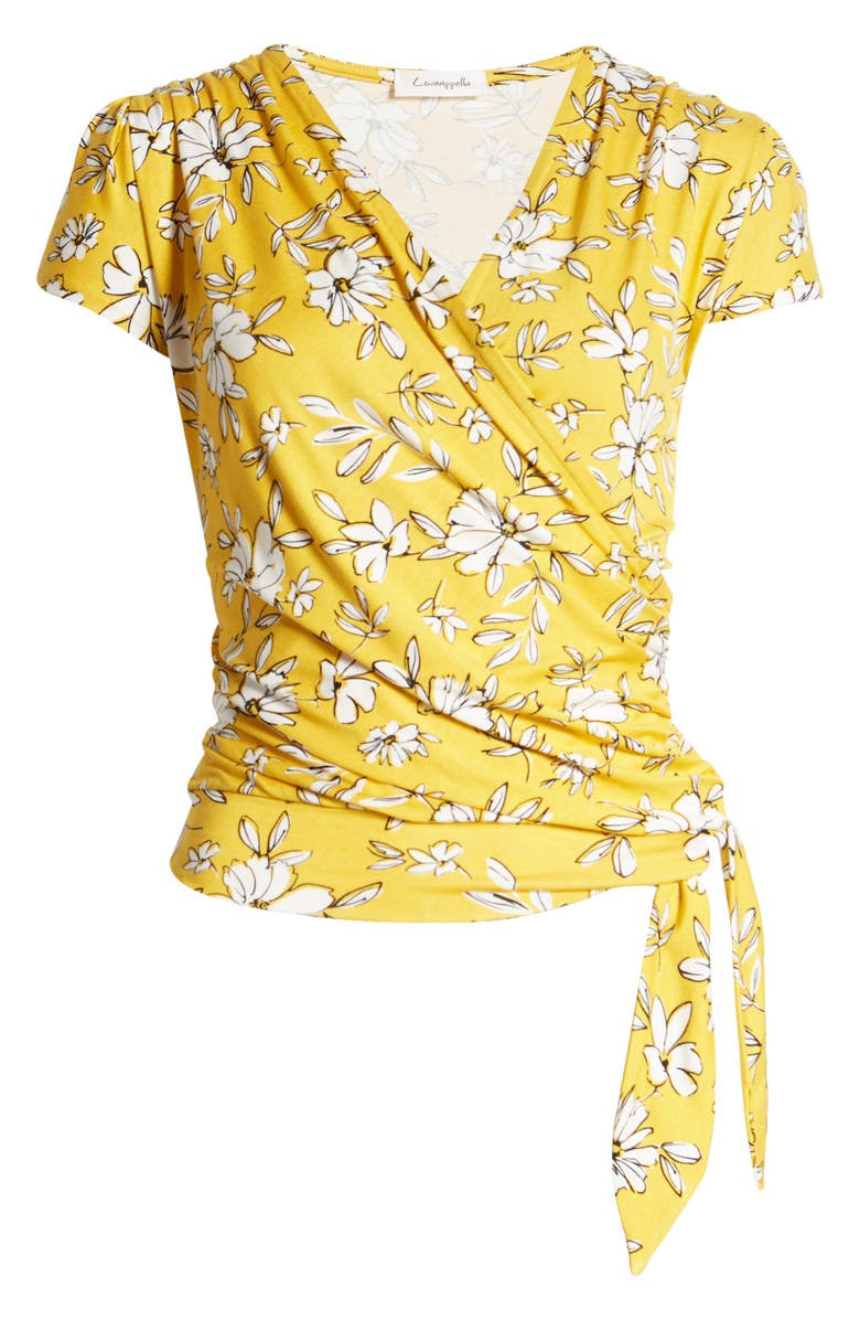 Loveappella Floral Print Faux Wrap Top, Alternate, color, Sunflower