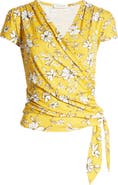 Loveappella Floral Print Faux Wrap Top