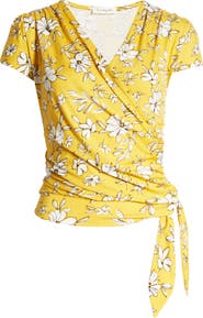 Loveappella Floral Print Faux Wrap Top