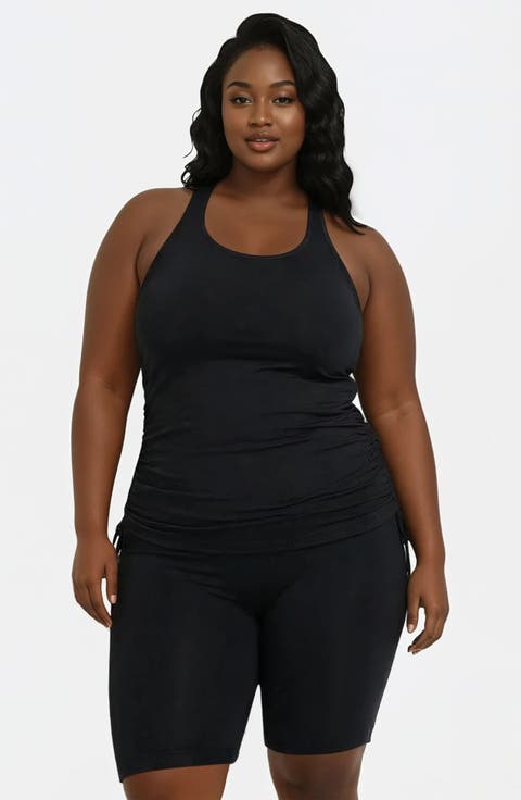 Plus Maya Tankini Swim Top With Built-In Bra and Black Long Bike Swim Shorts