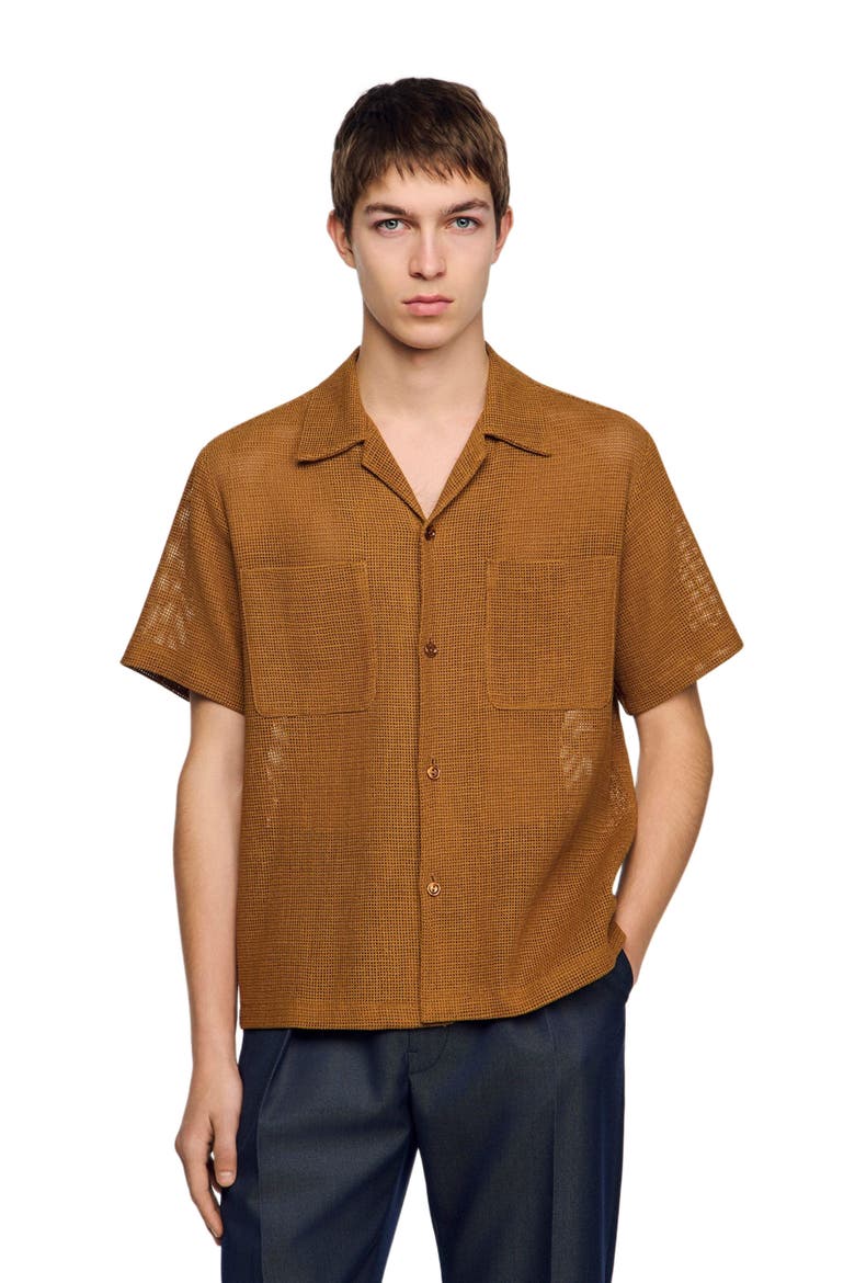 Openwork mesh shirt, Main, color, Camel