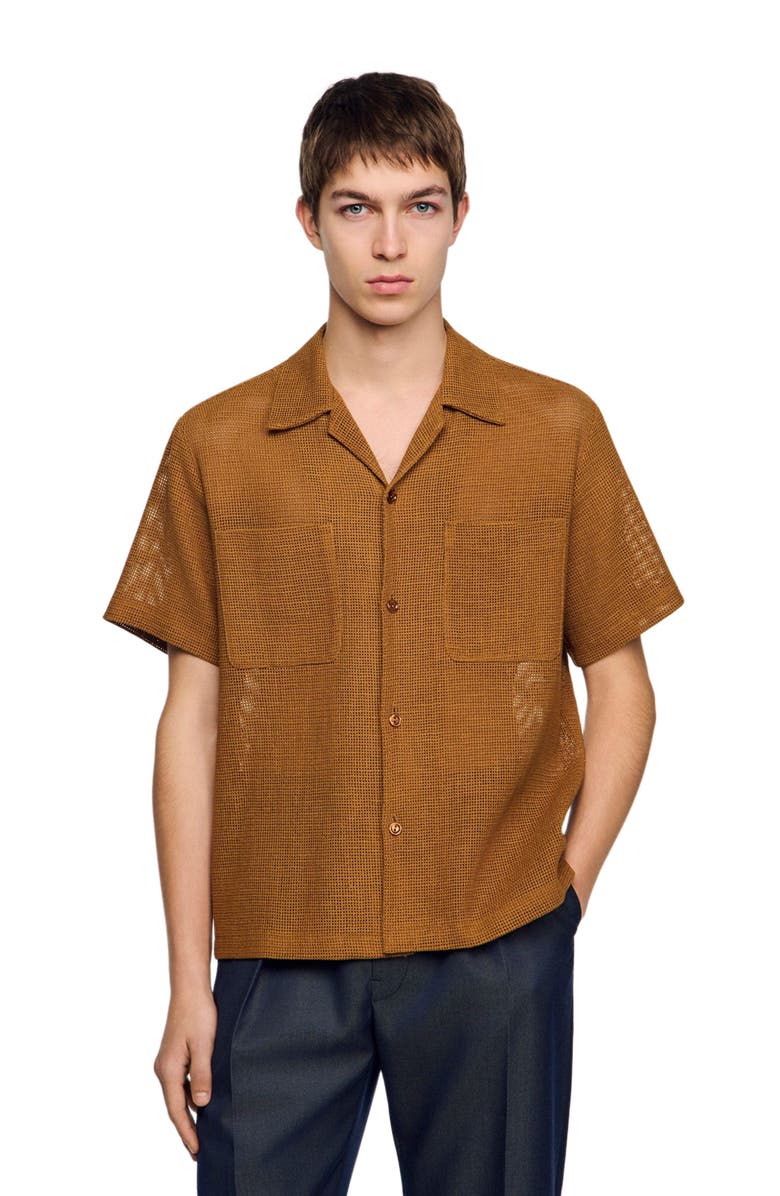 SANDRO Openwork mesh shirt, Main, color, Camel