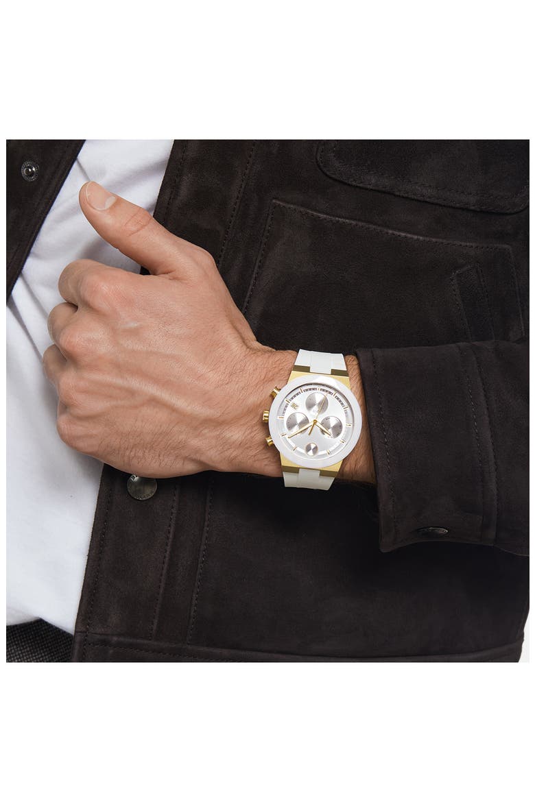 Bold Fusion Chronograph Silicone Strap Watch, 44mm, Alternate, color, GOLD / WHITE