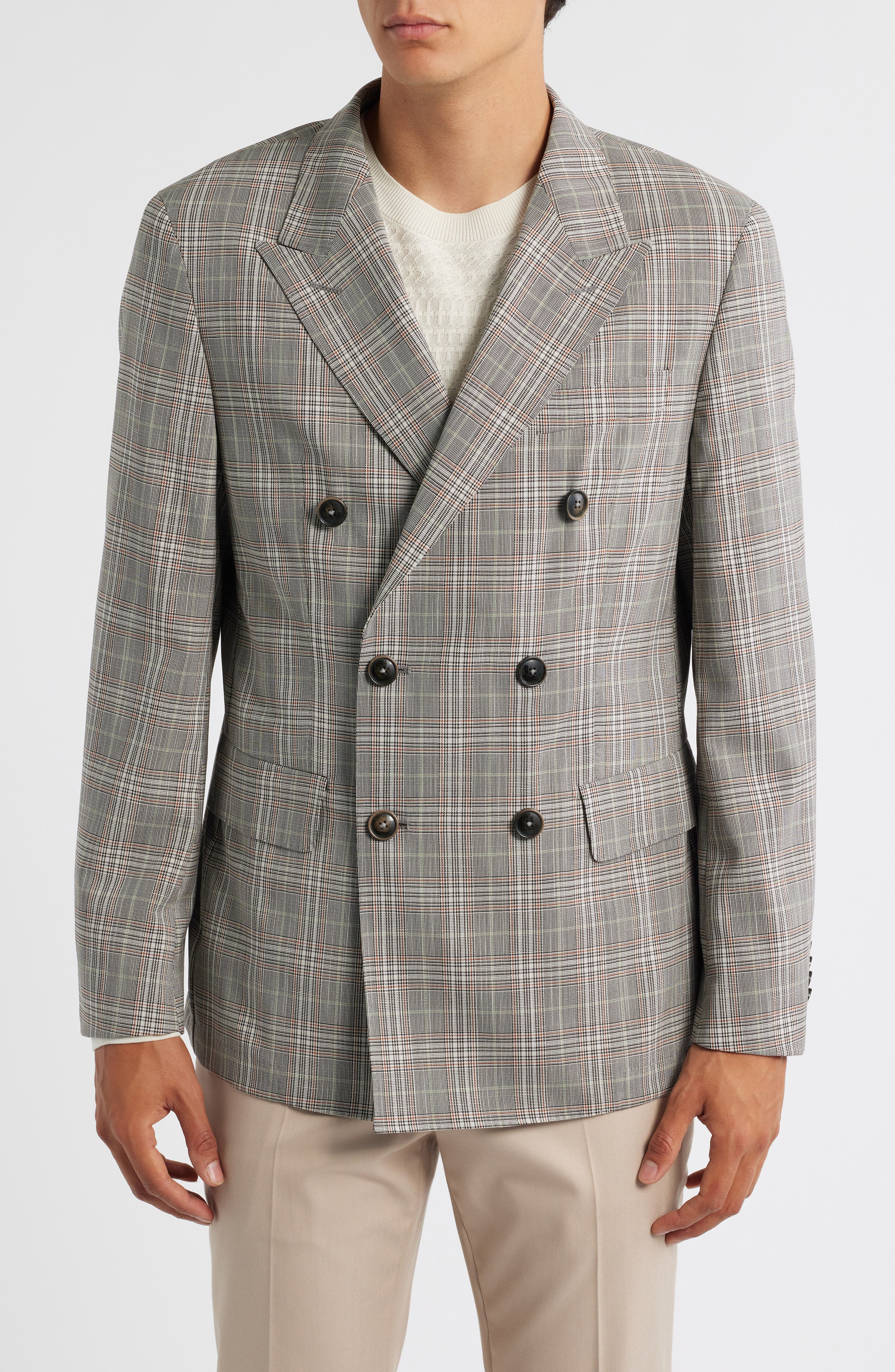 BOSS Heston Slim Fit Plaid Double Breasted Wool Blend Suit Jacket