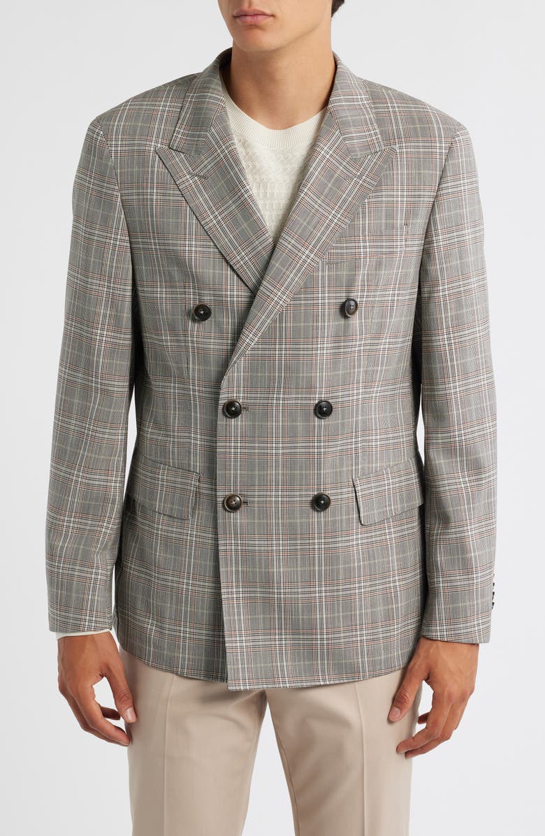 BOSS Heston Slim Fit Plaid Double Breasted Wool Blend Suit Jacket, Main, color, Med Brown