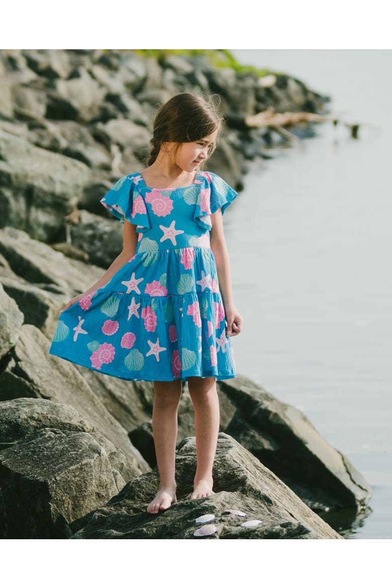 Short Sleeve Crinkle Jersey Shell Dress, Alternate, color, Blue Seashell Print