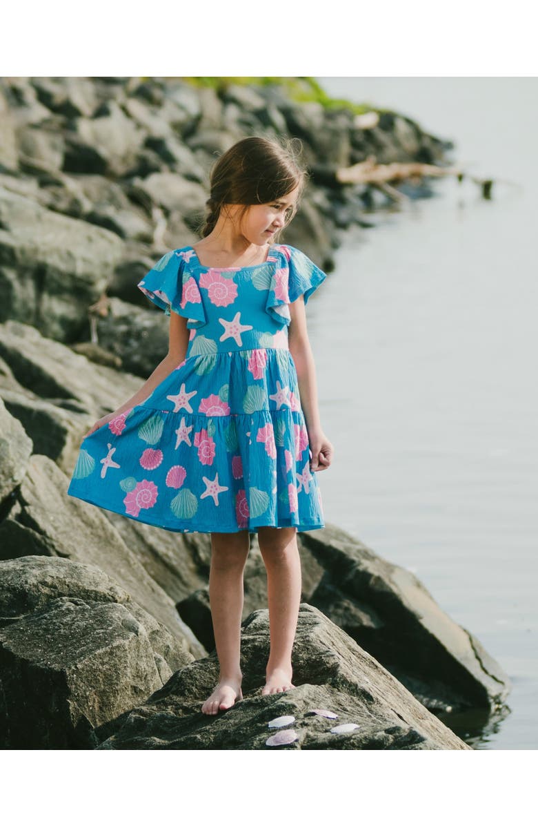 Deux par Deux Short Sleeve Crinkle Jersey Shell Dress, Alternate, color, Blue Seashell Print